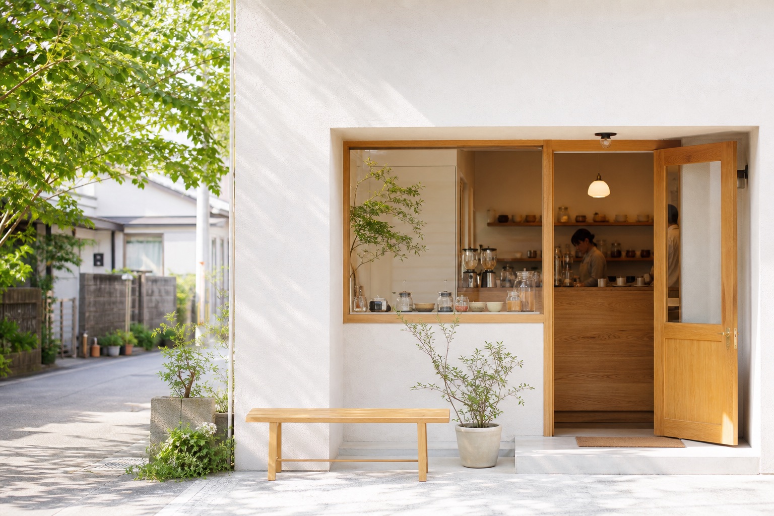 朝の光が入る地域の小さなカフェ外観