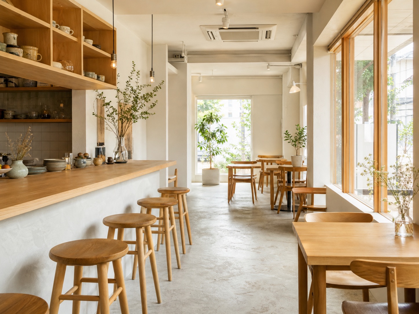 淡い木と白を基調にした明るいカフェ店内