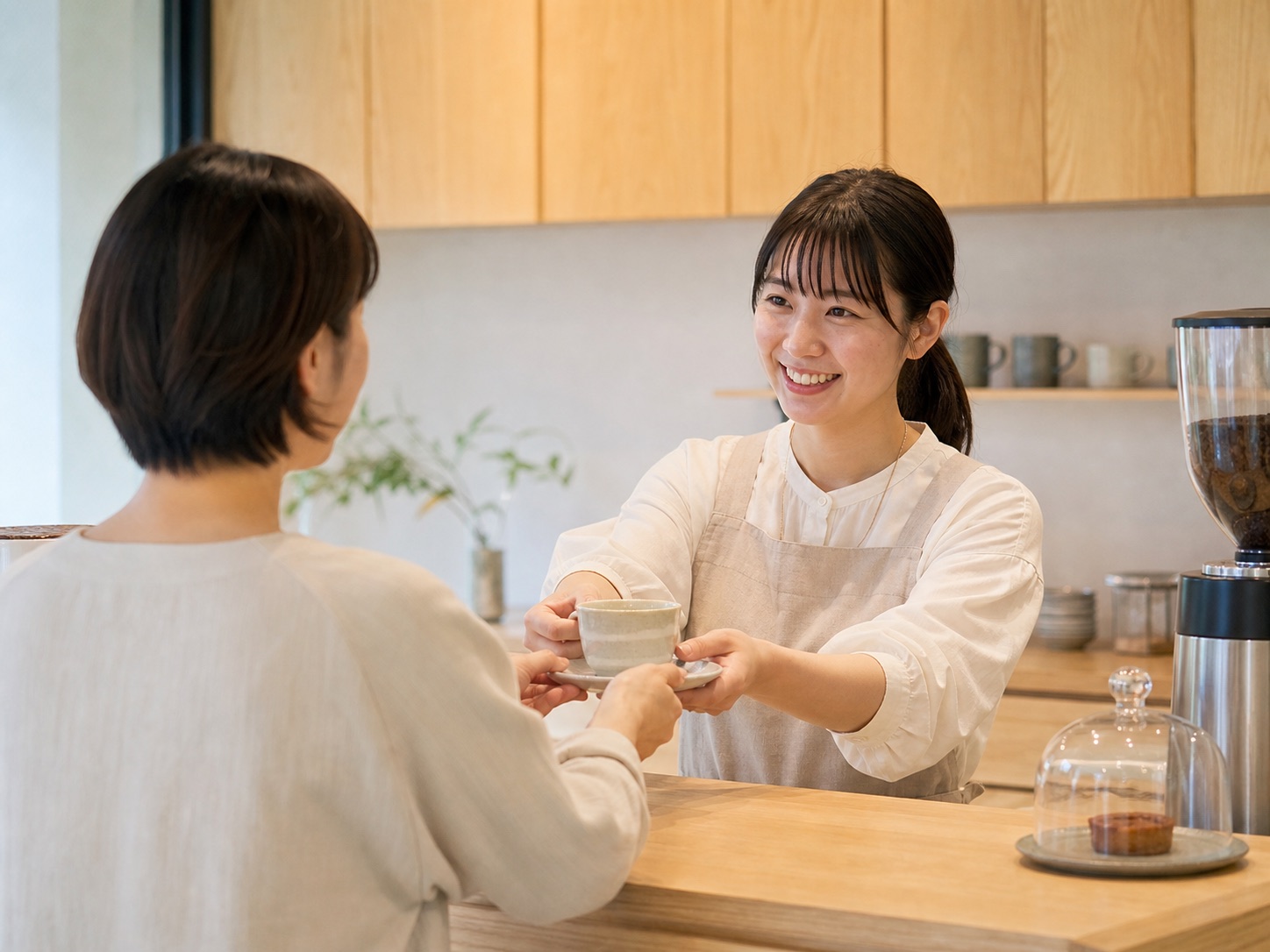 笑顔でコーヒーを手渡すカフェスタッフ